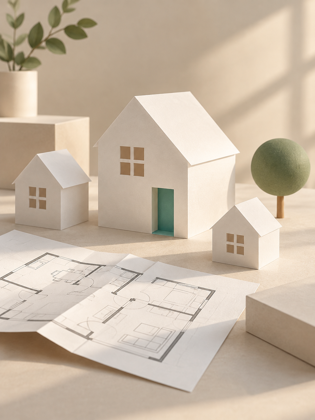 Paper houses and architectural plans, a conceptual illustration